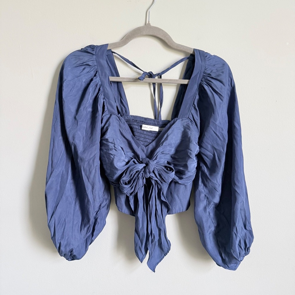 Mustard Seed Blue Puff Sleeve Tie Front Bow Crop Top Smocked Back Small